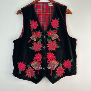 Vintage Black Velvet Poinsettia Floral Embroidered Vest Christmas Holiday Womens